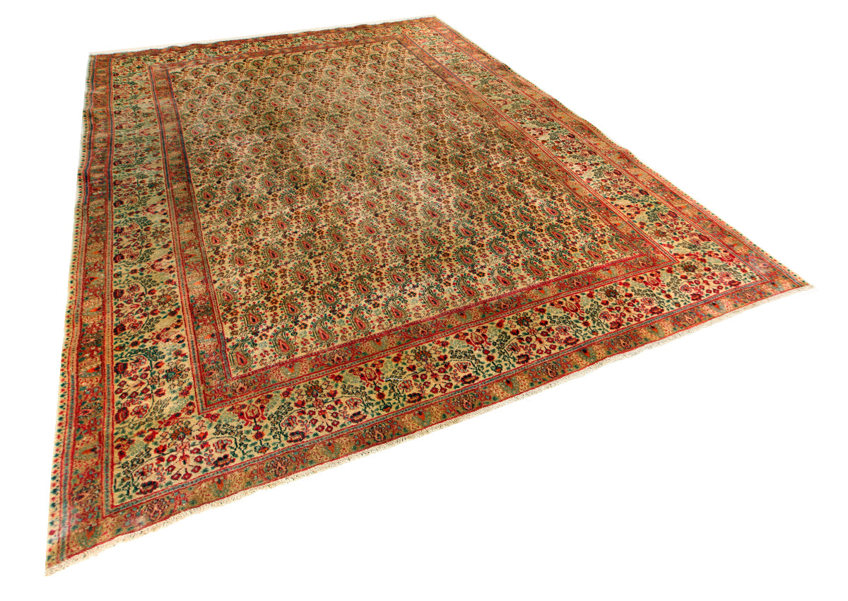 Antique Persian Moud Mirbote Rug 300 × 210 cm | Beige & Green Hand-Knotted Wool Rug